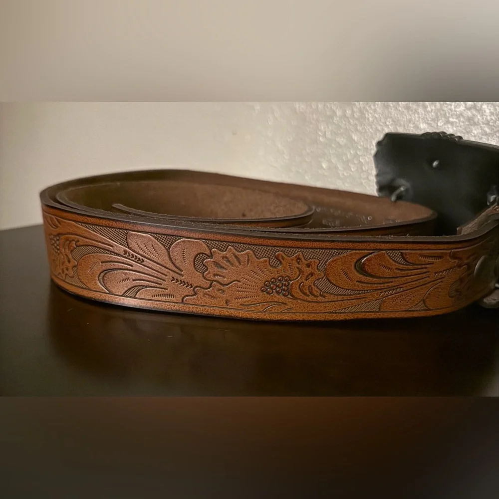 Genuine Hand Tooled Full Grain Leather Western Belt w/ Longhorn Bull Buckle 46